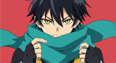 Anime male character portrait, serious expression, teal scarf, red background, for graphic design