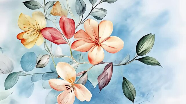 Experience the delicate beauty of blooming flowers brought to life in a stunning watercolor presentation Generative AI