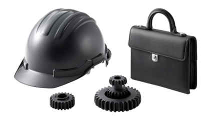 Black hard hat, briefcase, and gears arranged on a clean surface, symbolizing engineering and safety