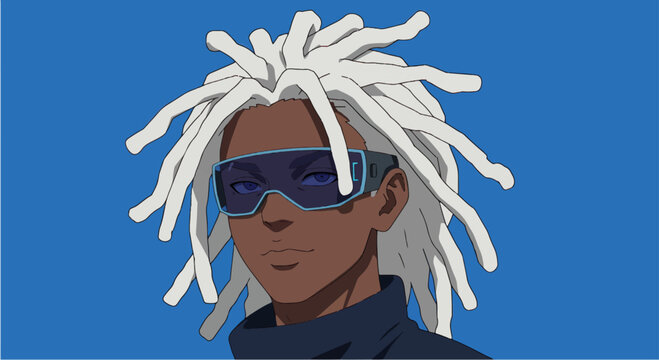 Man with dreadlocks and futuristic glasses, against a blue background, for profile picture