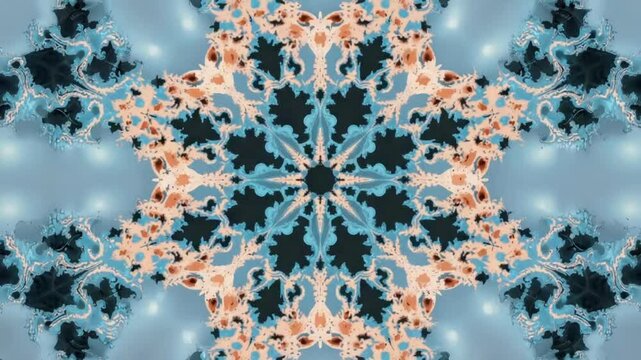 A symmetrical fractal pattern that evolves over time, with colors shifting from cool to warm tones, set against a black background