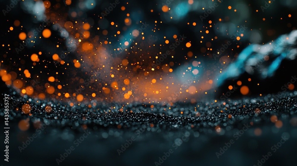 Poster sparkling sparks explosion on dark surface with blurred background