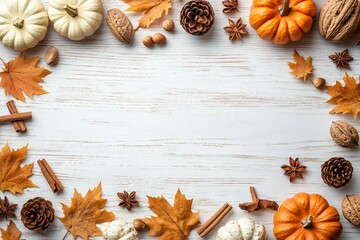 Fototapeta premium Autumn concept. Top view photo of maple leaves pine cones small pumpkins walnut anise and cinnamon sticks on isolated white wooden table background with copyspace stock photo