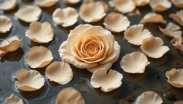 A close-up of beige rose petals floating on a pool of water - Powered by Adobe