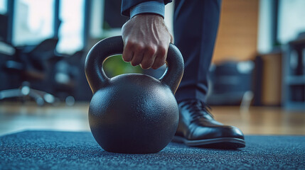 Fototapeta premium Heavy weight stands in front of serious businessman in office room — visual metaphor of responsibility, difficulties and corporate challenges