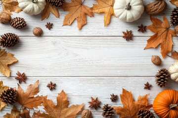 Autumn concept. Top view photo of maple leaves pine cones small pumpkins walnut anise and cinnamon sticks on isolated white wooden table background with copyspace stock photo