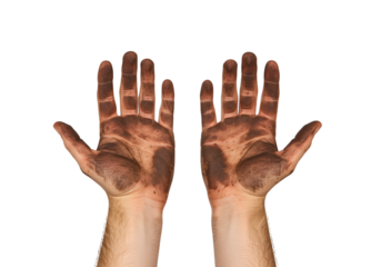 Dirty hands reaching up with soil on skin against a plain backdrop