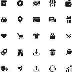 Black shopping icons on a white background suitable for ecommerce websites, online stores, social media posts, and digital marketing materials
