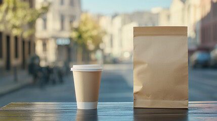 A paper bag and a cup of coffee with space for logo or text stand on a cafe terrace against a blurred background of a city street