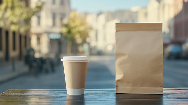 A paper bag and a cup of coffee with space for logo or text stand on a cafe terrace against a blurred background of a city street