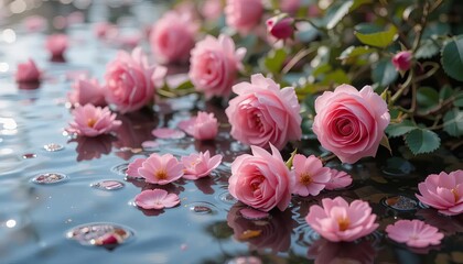 A close-up photo of a rose blossom floating on water
