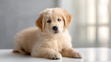 Golden retriever puppy with bright eyes sits calmly, radiating innocence and warmth.
