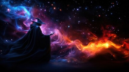 Fototapeta premium Witch conjuring magic in cosmic nebulae background