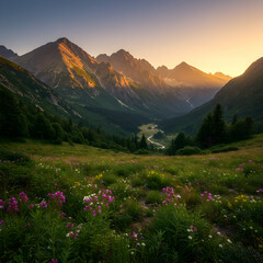 Fototapeta premium Majestic Sunset over Wildflower Meadow and Mountain Range