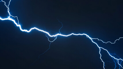 The image depicts a blue electric lightning bolt amidst a dark black background, surrounded by jagged curves and soft neon light, creating a realistic energy effect in a cinematic style.
