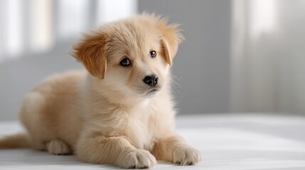 Golden retriever puppy with bright eyes sits calmly, radiating innocence and warmth.
