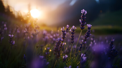 A peaceful alpine valley filled with lavender and soft morning light.