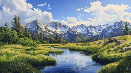 Naklejka premium Serene Mountain River Landscape Scenic View Majestic Peaks Tranquil Nature Summer Meadow Green Grass Blue Sky White Clouds Peaceful Panorama 