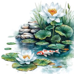 Serene Koi Pond Water Lilies, Rocks, and a Single Koi Fish in a Peaceful Watercolor Painting.