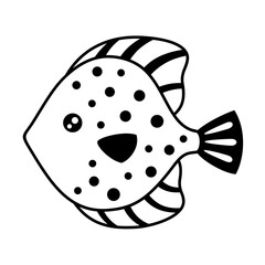 Black and white fish clipart, cartoon sea character. Fish doodle. Ocean animal hand drawn vector illustration in flat style	
