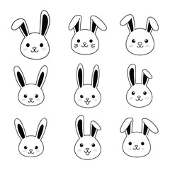Simple Smiling Rabbit Faces Line Art Set