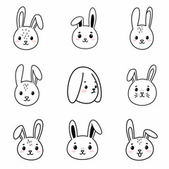 Pink Cheek Bunny Faces Line Art Set