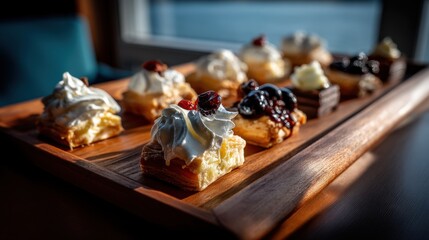 Pastries on Wooden Tray with Whipped Cream and Berries