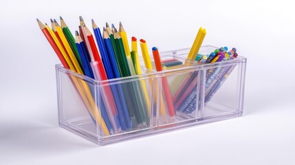 Fototapeta premium Clear acrylic desktop containers with divided slots for categorized stationery