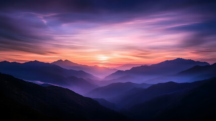 Fototapeta premium A peaceful mountain sunset with pastel colors in the sky and the silhouettes of distant peaks in the background.