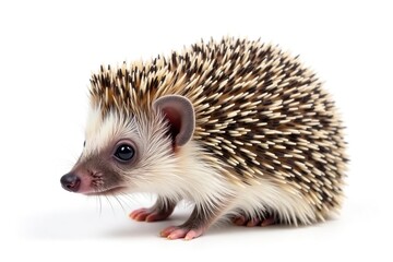 Fototapeta premium Tiny hedgehog isolated on pure white background, curled slightly , small, wildlife photography, pet