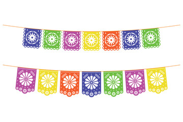 Set of Mexican flags. Decorations for holidays, weddings, parties. Isolated vector illustration.