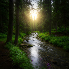 Obraz premium Sunlit Forest Stream: Nature Photography, Peaceful Creek, Lush Greenery, Tranquil Scene