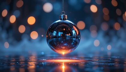 Fototapeta premium A reflective christmas ornament hanging with bokeh lights in the background and a reflective surface