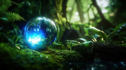 Enchanting crystal orb in mystical forest glade