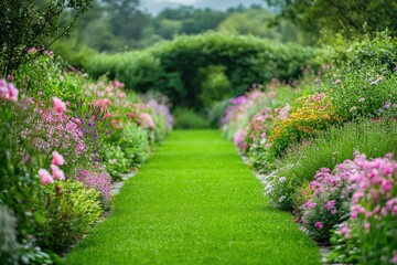 Obraz premium Charming Garden Path Lined with Colorful Flowers
