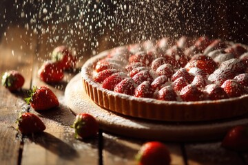 Strawberry Tart with Powdered Sugar on Wood Surface