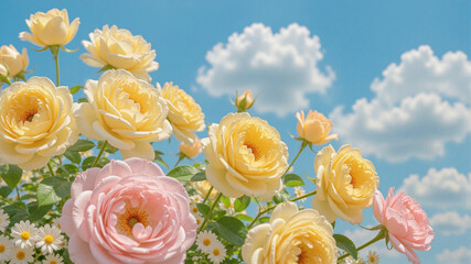 pink roses on blue sky