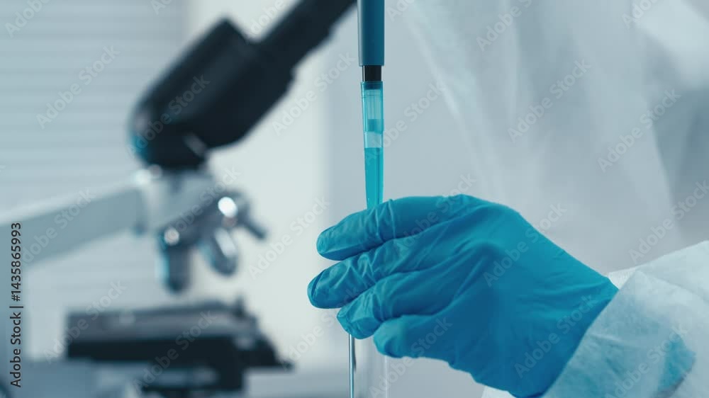 Poster in a wellequipped lab, a skilled technician uses a pipette to transfer vibrant blue liquid between t
