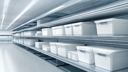 Fototapeta premium Floating shelves storing grouped and labeled document boxes in an organized office