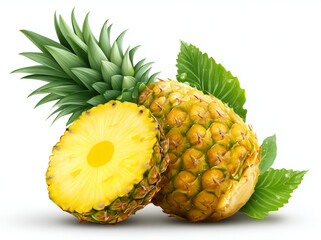 fresh Whole pinapple with green leave Isolated white background
