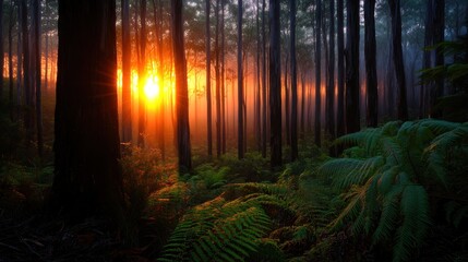 Obraz premium Sunrise through fog in a misty forest