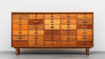 Multi-drawer unit labeled for electronics, writing tools, and document folders