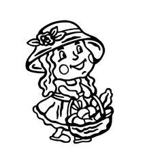 
Black and white illustration of a cute girl with a basket of fresh vegetables on a white isolated background