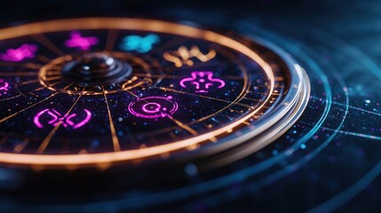Close-up of a futuristic astrological chart, showing spinning symbols and constellations, in a dark background