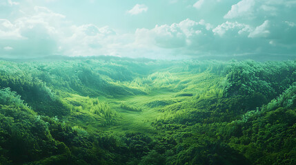 Fototapeta premium Emerald Valley's Verdant Embrace: Capturing a sweeping vista of rolling hills and verdant forests under a sky dotted with soft clouds, offering a sense of serenity.