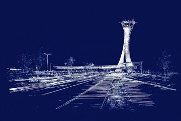 Futuristic Airport Architecture with Control Tower and Runway Design