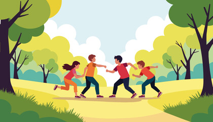 Kids joyfully playing tag in a vibrant park, childhood fun