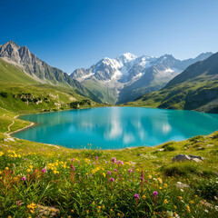 Stunning Alpine Lake Landscape: Mountain Scenery Photo