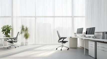 Workspace reset scene with a clear desk and minimal storage furniture