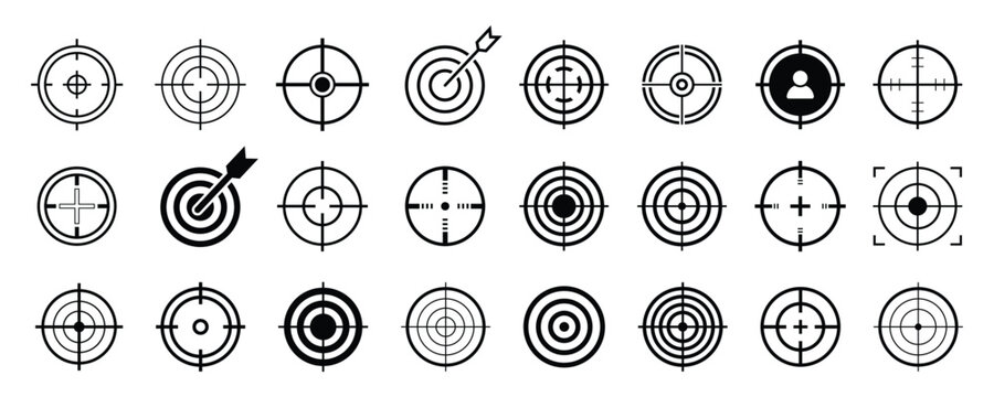 Target and aim icons set, Goal, bullseyes, crosshairs, and precision focus elements for archery, shooting, and navigation designs